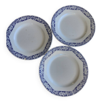 Lot de 3 assiettes plates terre de fer fa�encerie niderviller. d�cor  art d�co  bleu et blanc.