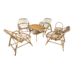 Lot de 4 fauteuils, table basse et travailleuse en rotin et bois de bambou