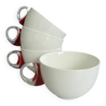 Lot de 4 tasses à café design blanches anse en verre transparent et Lot de 4 tasses à café design blanches anse en verre transparent et