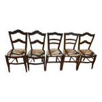Lot de 5 chaises anciennes en bois avec assise en paille