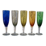 Lot de 5 fltes  champagne vintage en verre souffl multicolore