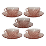 Lot de 5 tasses � caf� + sous - tasses verre rose rosaline arcoroc ann�es