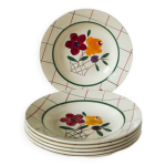 Lot de 6 assiettes creuses  fleurs et carreaux gien modle  esterel , 1950