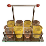 Lot de six verres digestifs avec plateau verre et mtal