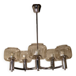 Lustre 5 branches en mtal chrome et globes en verre fums de chez maison see delmas 1970 vintage.