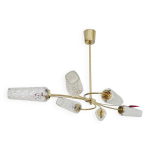 Lustre ancien  6 branches, 2 flches rouges, laiton et tubes en verre en diamant. annes 70