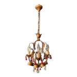 Lustre ancien en tle dore et pampilles de cristal rouge et blanc, 1900