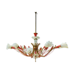 Lustre des ann�es 50 10 tulipes en verre laiton et m�tal laqu� rouge