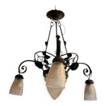 Lustre art dco en fer forg et verre dpoli