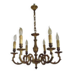 Lustre art nouveau franais en bronze  6 lumires avec bras en volutes et dtails en forme de feuilles ...