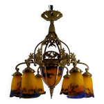 Lustre en bronze dor et pte de verre souffle, muller frres, art deco