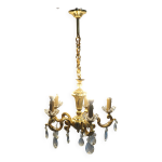 Lustre en bronze massif avec pampilles et bobches en cristal - lucien gau