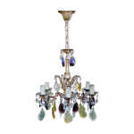 Lustre en bronze  pampilles de couleur ambre violet cristal 6 branches