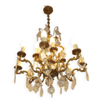 Lustre cage 12 lumires art nouveau bronze verre et cristal 5226