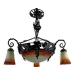 Lustre en fer forg et pate de verre, art deco, muller freres, circa 1920