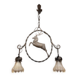 Lustre en fer forg et verre  dcor de cerf