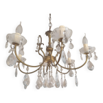 Lustre laiton et pampilles cristal vintage 6 feux