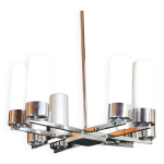 Lustre moderniste, mtal chroms et opalines, france milieu de sicle - 8 feux