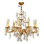 Lustre  pampilles 9 feux monumental en bronze dor et cristal suspension