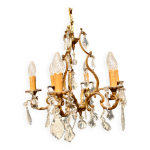 Lustre  pampilles rtro bronze dor et cristal - suspension lampe 6 feux
