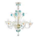 Lustre vnitien  6 lumires en verre de murano blanc et bleu
