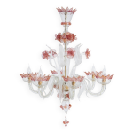 Lustre v�nitien � 6 lumi�res en verre de murano blanc et rose