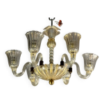 Lustre v�nitien en verre de murano dor� et � reticello, 6 bras de lumi�re vers 1950