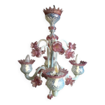 Lustre en verre de murano blanc laiteux et rose  quatre bras de lumire