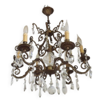 Magnificent french antique bronze glass & crystal 6 light cage chandelier 4662