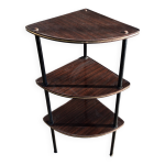 Meuble d'angle � 3 �tag�res en formica marron et structure m�tallique noire