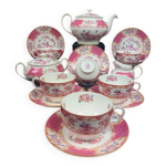 Minton, service  th, 6 tasses et 3 pices de forme, pink cockatrice, oiseau de paradis rose