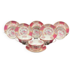 Minton, suite de 6 tasses  bouillon, pink cockatrice, oiseau de paradis rose