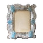 Miroir rectangulaire en verre de murano aux fleurs bleues années 50 Miroir rectangulaire en verre de murano aux fleurs bleues années 50