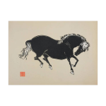 Mokuchu urushibara : estampe japonaise, cheval faisant la r�v�rence (cr�me), gravure sur bois sign�e