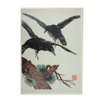 Mokuchu urushibara : estampe japonaise, l'envol des corbeaux (vert), gravure sur bois sign�e