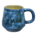 Mug jacques blin fa�ence �maill�e bleue d�cor incis� animaux fantastiques