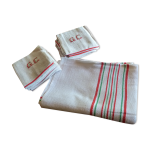 Nappe ancienne 1920 / 1930 lin beige losanges et rayures rouges et vertes + serviettes Nappe ancienne 1920 / 1930 lin beige losanges et rayures rouges et vertes + serviettes