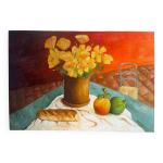 Nature morte aux fleurs, pain, pommes et chaise, signe