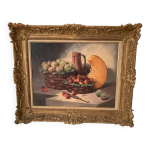 Nature morte aux fruits (fraises / potiron), sur chssis toil avec cadre baroque dor