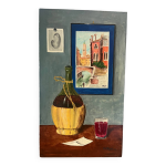 Nature morte au vin et peinture, signée Nature morte au vin et peinture, signée