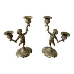 Paire ancien bougeoir double ch�rubin m�tal dor�