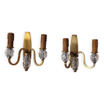 Paire d'anciennes appliques murales avec 2 feux bronze dor et verre