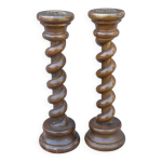 Paire ancienne de bougeoirs torsads en chne, dcoration de table, hritage france