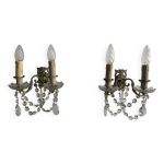 Paire d'appliques murales à 2 feux et guirlandes de cristal, 1920 Paire d'appliques murales à 2 feux et guirlandes de cristal, 1920