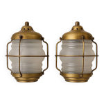Paire d appliques vintage en laiton et verre dpoli, style industriel marin