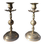 Paire de bougeoirs chandeliers m�tal dor� laiton vintage