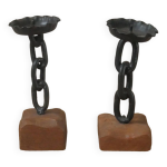 Paire de bougeoirs design brutaliste bois mtal candlabres chandeliers fabrication artisanale