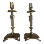 Paire de bougeoirs flambeaux chandeliers bronze argent dco atypique