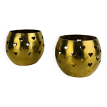 Paire de bougeoirs photophores ajours en laiton dor, vintage