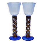 Paire de bougeoirs photophores verre bleu soufflé en cage dlg felipe derflingher Paire de bougeoirs photophores verre bleu soufflé en cage dlg felipe derflingher